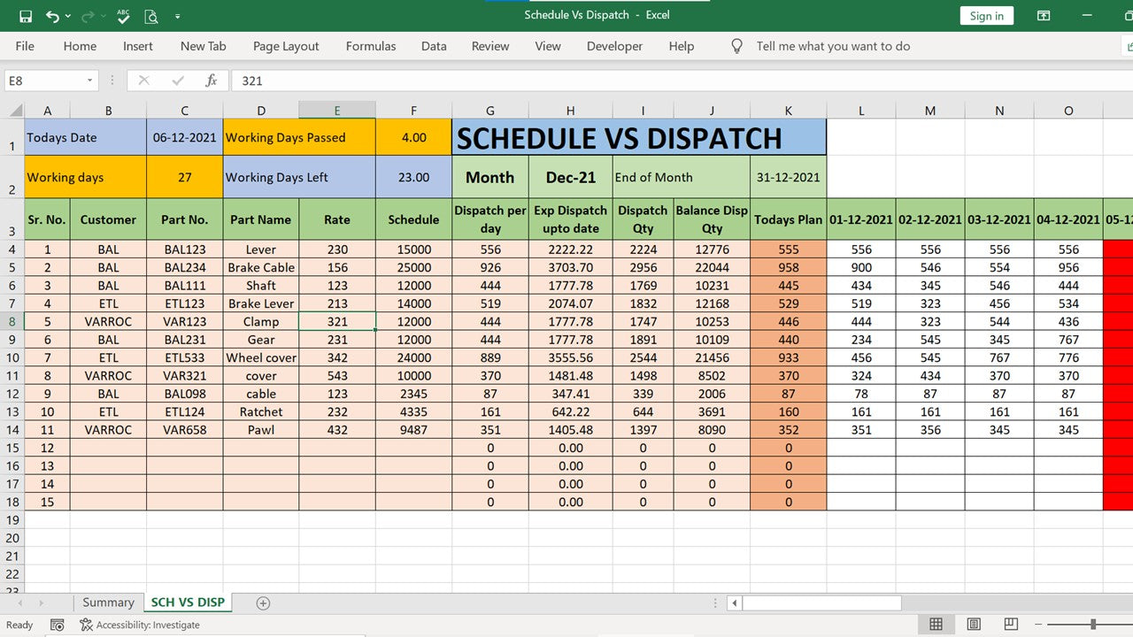Excel Template Schedule vs Dispatch data monitoring