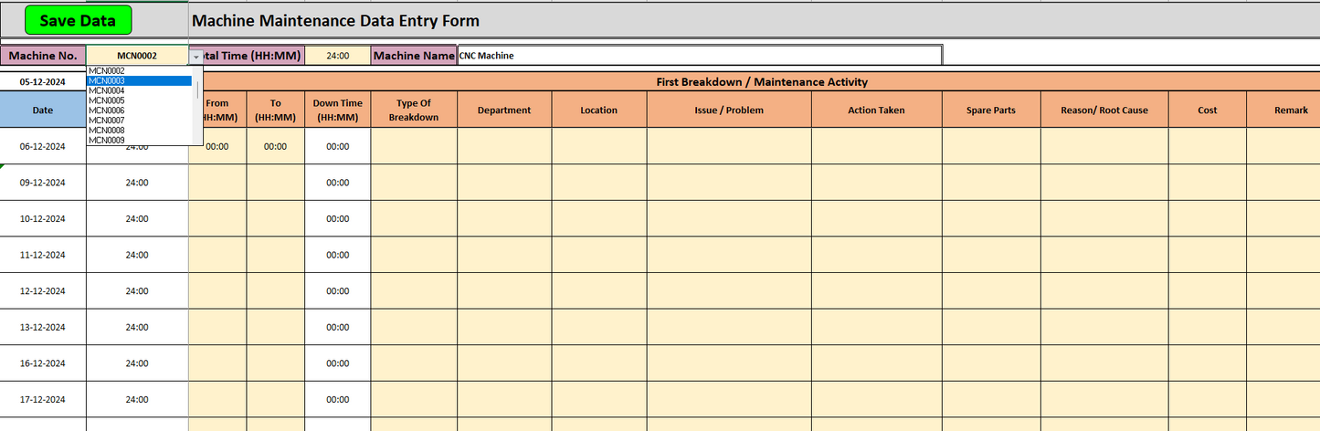 Excel Template Maintenance History, Down Time, MTTR, MTBF, MTTF v.2