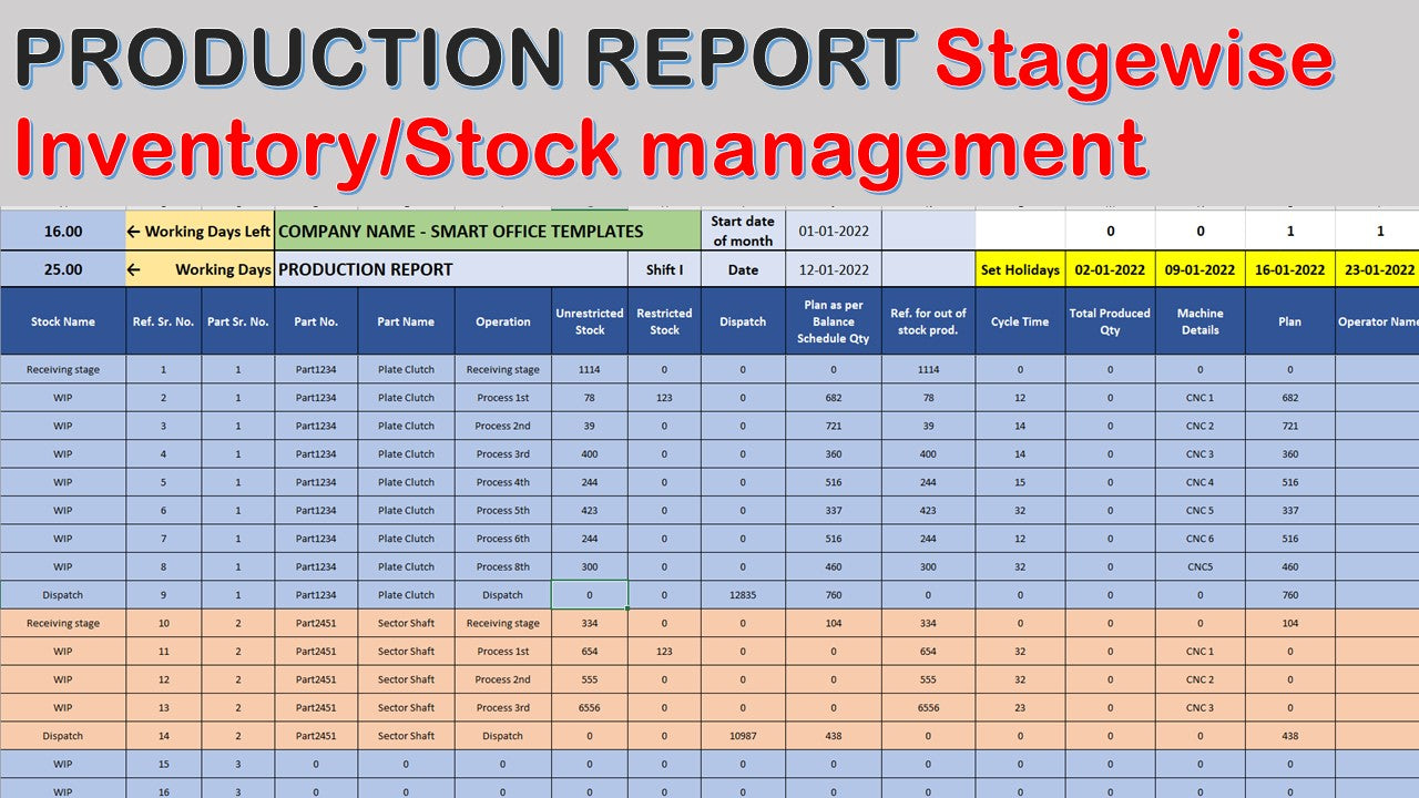 Excel template Production report with stage wise inventory management